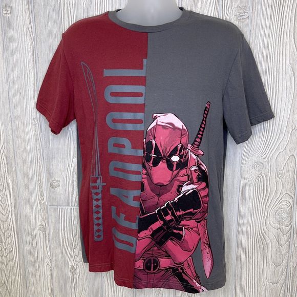 Deadpool T-Shirt by MF Two Tone Gray Red Spellout Sword Men's Medium Marvel Nice - Picture 1 of 8